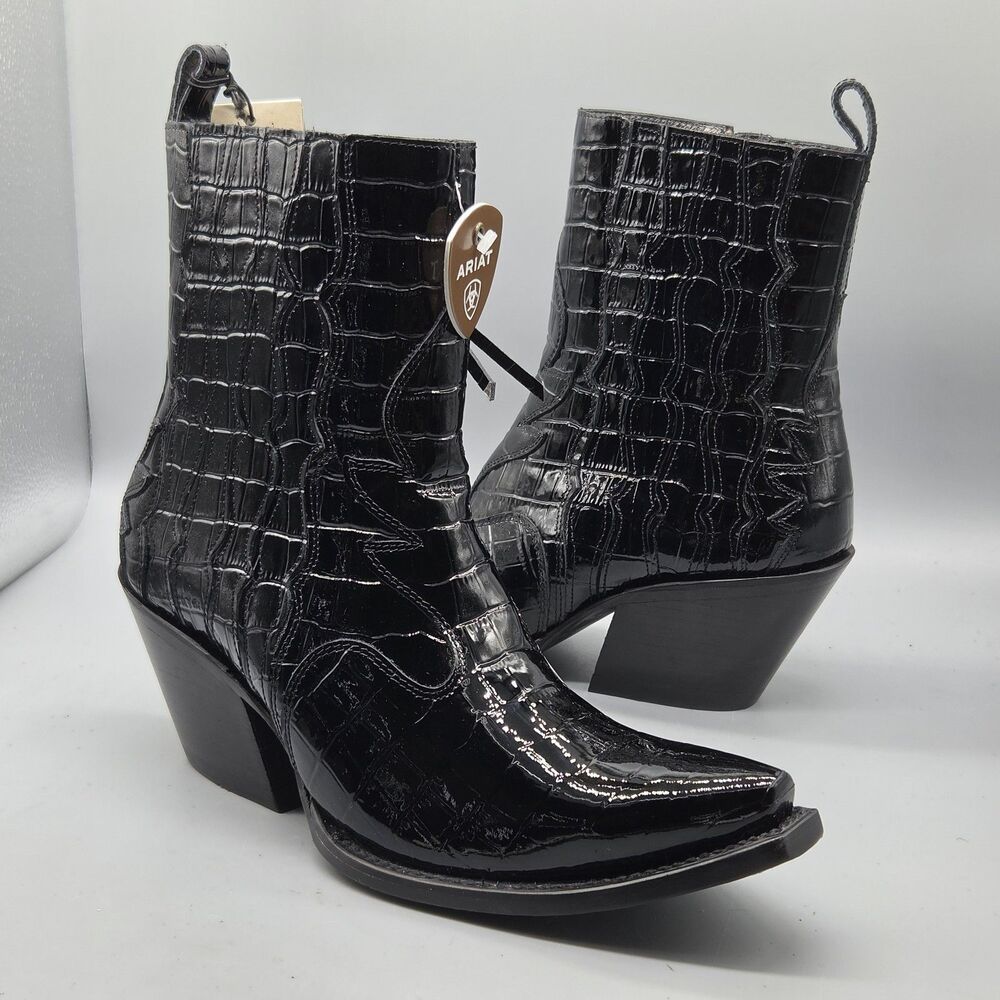 Ariat Women's Jade Western Bootie Luxe Black Patent Croc Print Boots Sz 9.5 New